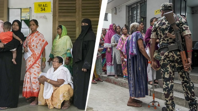 Women voters stand in a queue to cast their vote at a polling booth in West Bengal. (Photo: PTI)