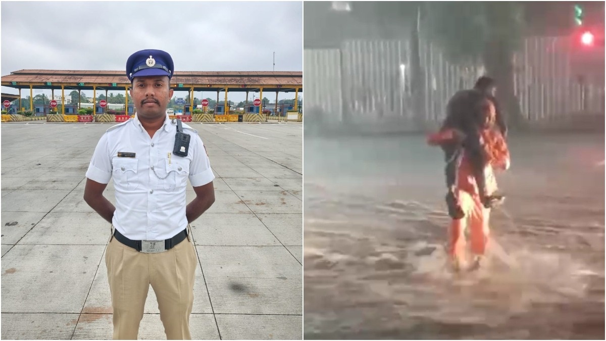Bengaluru traffic cop carries specially-abled man across flooded road