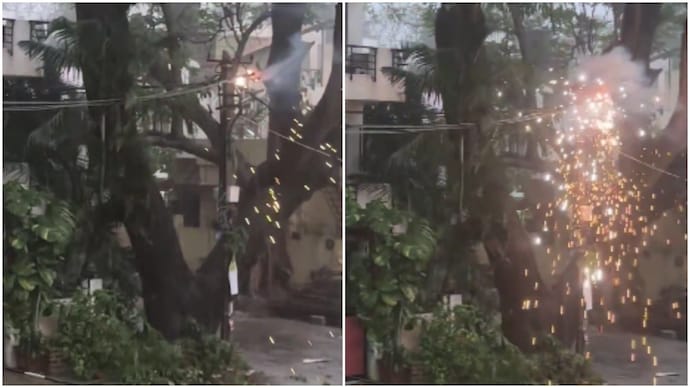 Bengaluru man spots electric pole bursting into flames outside house amid heavy rain (Photos: @niketrajdwivedi/X) Bengaluru man spots electric pole bursting into flames outside house amid heavy rain