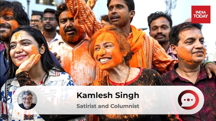 People celebrate the BJP's victory in the West Bengal Assembly election at Kolkata's Nandan in this May 4 2026, photo. (Image: PTI) BJP workers smear colours on each other as they celebrate the party's win in the West Bengal Assembly elections, at Kolkata's Nandan. (Image: PTI)