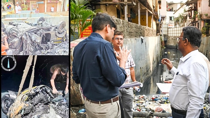 An autorickshaw was pulled out of a drain in Mumbai's Saki Naka area, along with a Saki Naka Police barricade, a BMC dustbin, and other household items. (Image: X via BMC) bmc mumbai monsoon cleanup mithi river disilting drain cleaning 2026 auto rickshaw saki naka govandi mankhurd chandivali