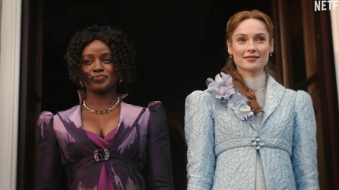 Hannah Dodd (left) and Masali Baduza in a still from Bridgerton. (Credit: Netflix) Bridgerton Season 5 production begins; Francesca-Michaela’s love story set for 2027
