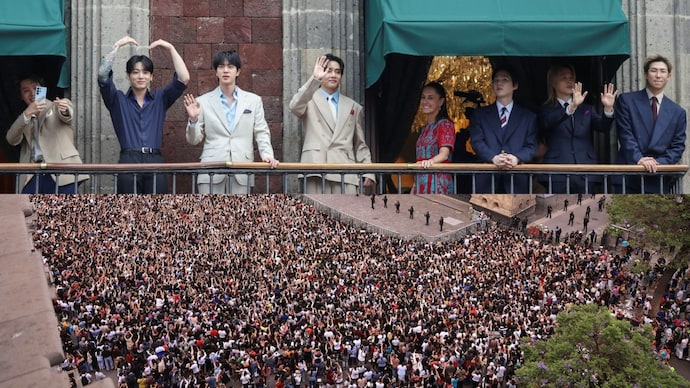 BTS members with Mexican president Claudia Sheinbaum. (Photos: AFP/Reuters) BTS