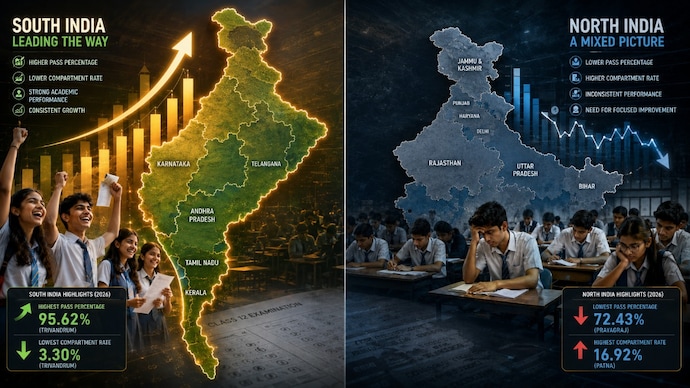 The CBSE Class 12 Result 2026 shows strong South India dominance across pass percentage and compartment data. (AI-generated image | Map images are representative and do not reflect actual state boundaries) CBSE 12th Result 2026: The North vs South scorecard tells a story