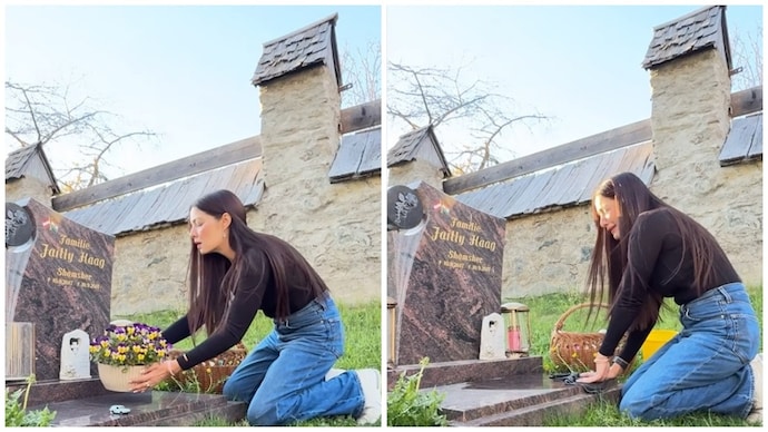 Celina Jaitley at the grave of her late son Shamsher. (Credit: Instagram/celinajetlyofficial) Celina Jaitley cried at her son's grave, said- husband refused to meet the children