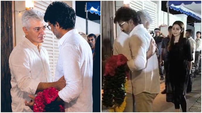 CM Vijay and Trisha Krishnan at the residence of Ajit Kumar's mother Mohini Mani after her death. CM Vijay and Trisha Krishnan at Ajit Kumar's residence