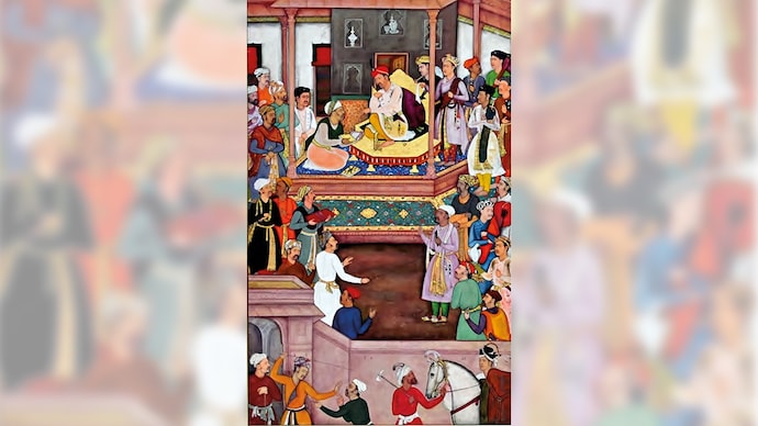 SHAH OF SHAHS Abu’l Fazl giving the Akbarnama to emperor Akbar, c.1603-1605