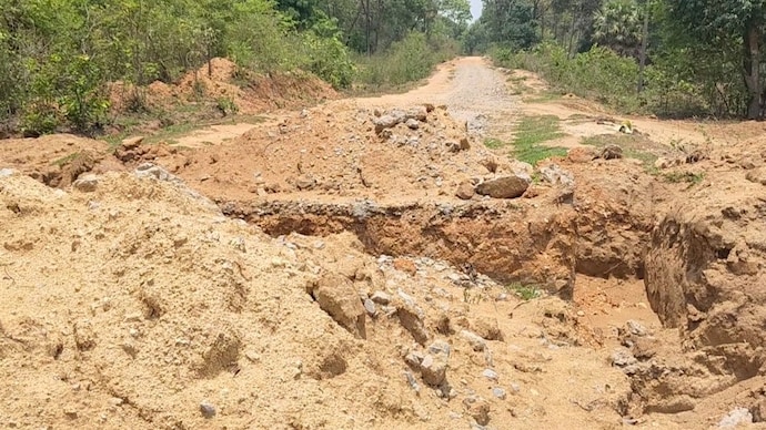 A severely damaged road in Maruki village of Sukma district in Chhattisgarh. damaged road in Sukma