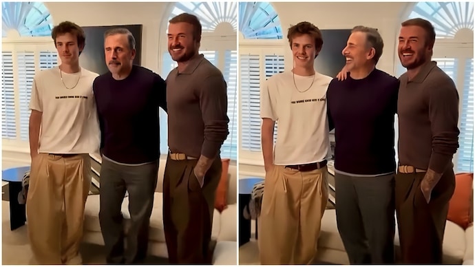 David Beckham (right), son of Cruz Beckham (left), has a total Michael Scott fanboy moment with Steve Carell (c). (Photo: X/Dunder Mifflin) David Beckham's Son Cruz Has a Total Michael Scott Fanboy Moment With Steve Carell