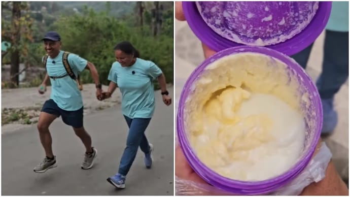 Dehradun couple makes fresh butter during 20 km run, here’s how they pulled it off (Photos: @twofit.to.quit/Instagram) Dehradun couple makes fresh butter during 20 km run, here’s how they pulled it off