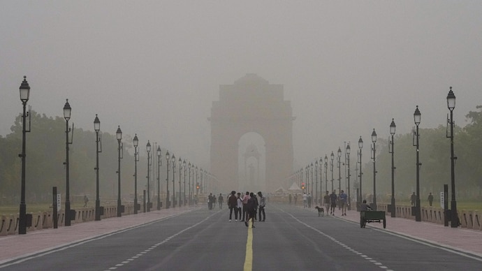 Visitors at the Kartavya Path near the India Gate in Delhi during a duststorm. (Photo: PTI)