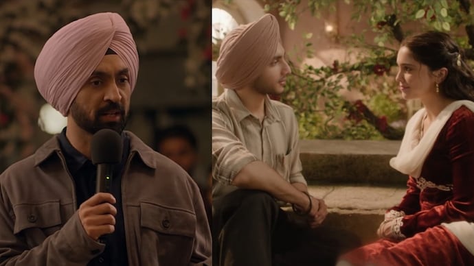 A still of Diljit Dosanjh, Sharvari Wagh, Vedang Raina in Main Vaapas Aaunga trailer. (Credit: YouTube) Diljit Dosanjh, Sharvari Wagh, Vedang Raina