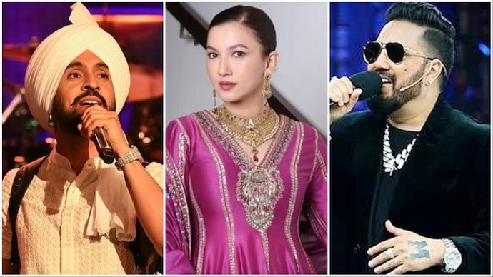 (From left) Diljit Dosanjh, Gauahar Khan and Mika Singh Diljit Gauahar Mika