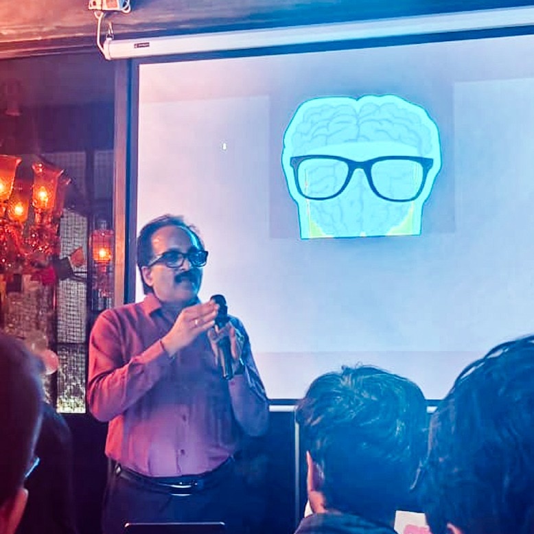 Dr S Somanath, former Isro chief, addresses a packed bar at Pint of Science 2026, Delhi. The man who landed India on the Moon had a lot to say. (Photo: Radifah Kabir/India Today)