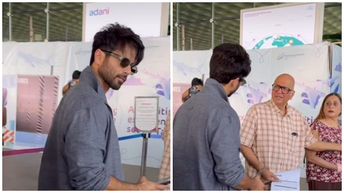 Shahid Kapoor (left) has a warm conversation with an elderly man (right) at the airport. Elderly man wins over the internet with his kind gesture towards Shahid Kapoor. Watch