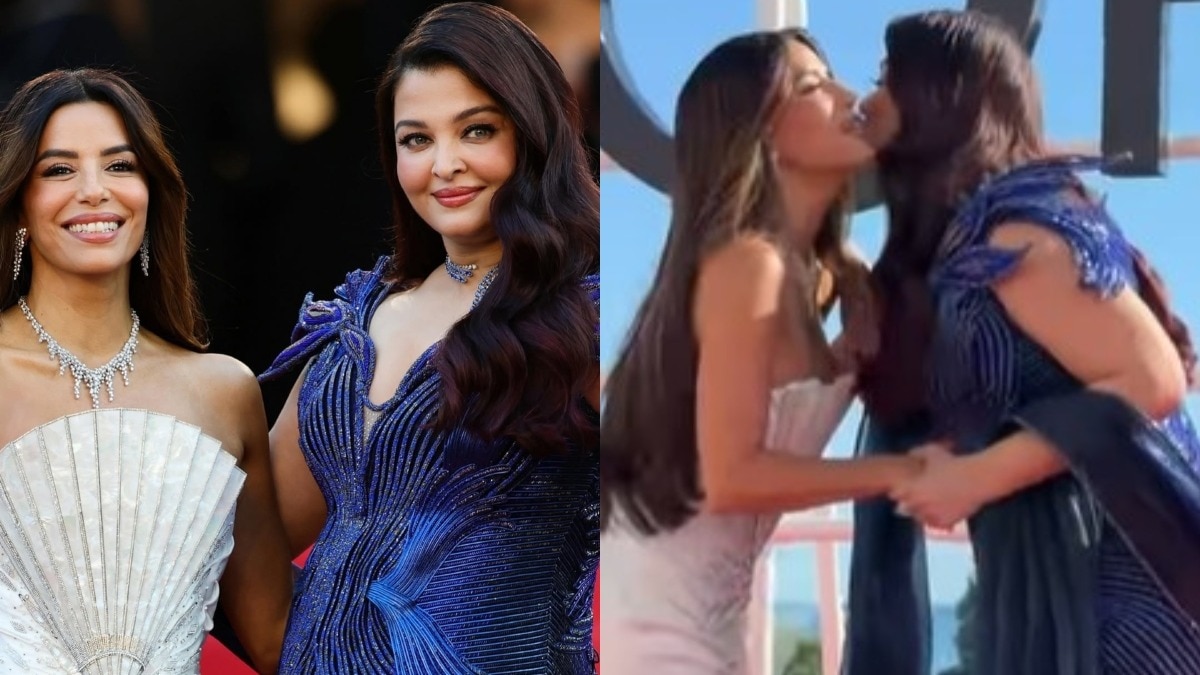 Eva Longoria (left), Aishwarya Rai (right) greeting each other in Cannes