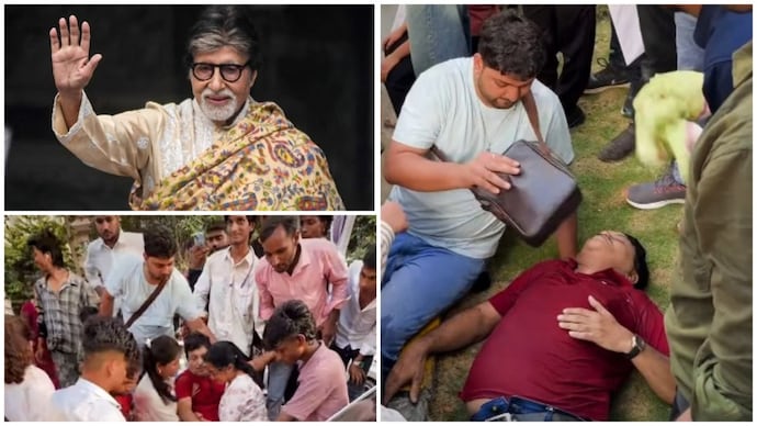 Amitabh Bachchan (top left); Middle-aged fan faints outside Jalsa (below left and right). During Big B's weekly Sunday meet, a fan fell outside Jalsa due to the heat. Watch