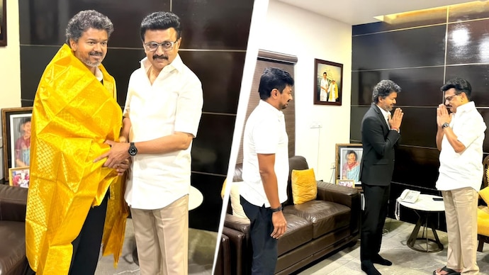 TVK chief and Tamil Nadu CM met MK Stalin, Udhayanidhi at their residence. Vijay, MK Stalin