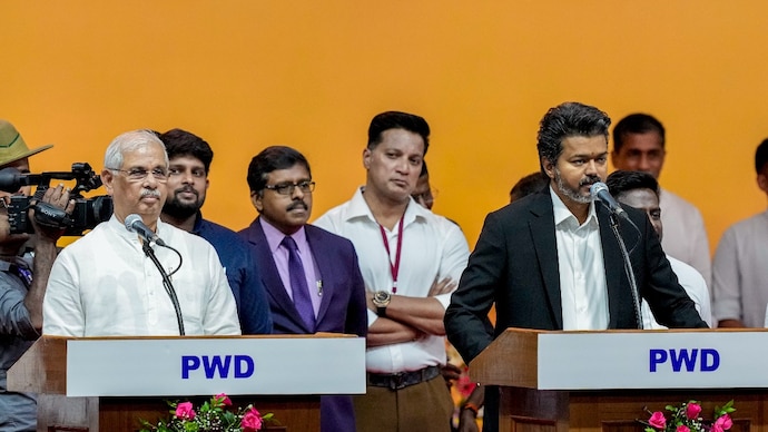 Tamil Nadu Governor Rajendra Arlekar administers the oath to state chief minister-elect C Joseph Vijay. (PTI photo) Tamil Nadu Governor Rajendra Arlekar administers the oath to state chief minister-elect C Joseph Vijay. (PTI photo)
