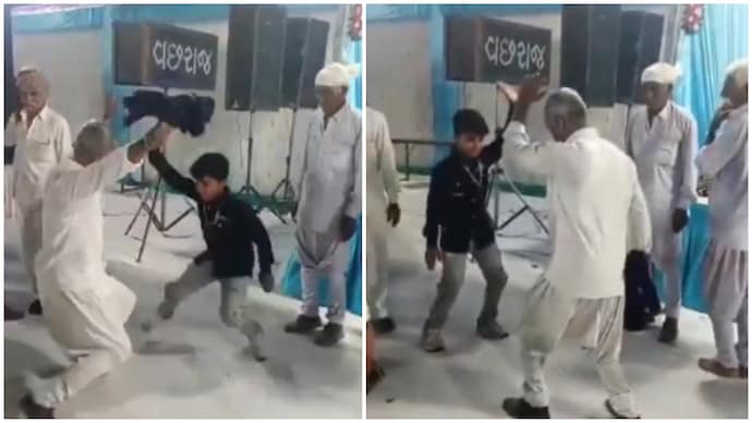 Grandfather teaches Gujarati folk dance to grandson (Photos: Anand Mahindra/X) Grandfather teaches Gujarati folk dance to grandson