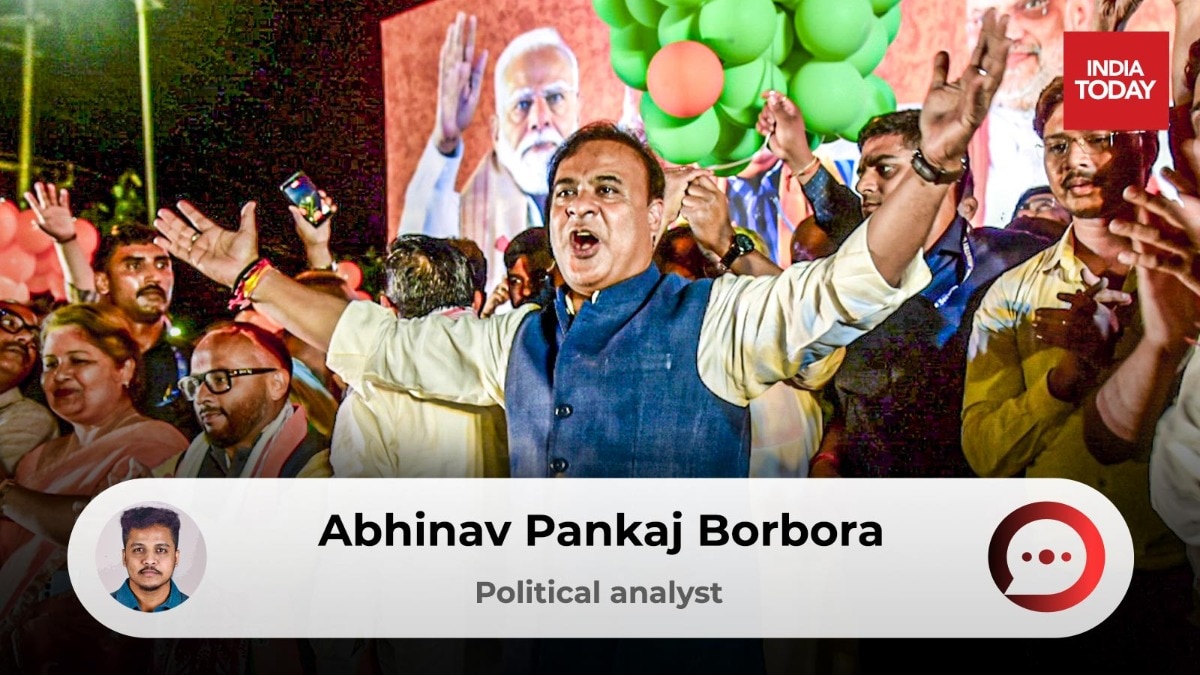 Himanta Biswa Sarma celebrates after winning the Jalukbari seat as the BJP secured a third consecutive victory in the 2026 Assam Assembly election. (PTI Image)