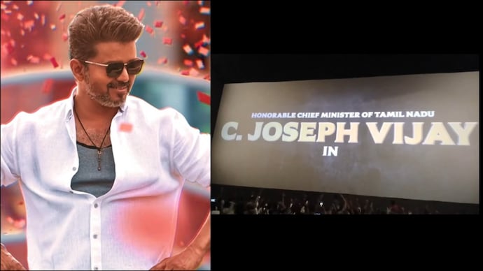 Vijay in a still from Jana Nayagan (L)/ The film's new title card Honourable CM Vijay: Jana Nayagan new title card sends theatres into meltdown. Video