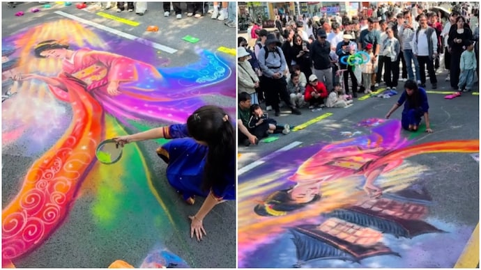 Indian artist's 20-foot rangoli on South Korean street makes crowd pause and watch