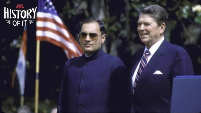 Indian PM Rajiv Gandhi with American President Ronald Rogan during his 1985 visit to the US. (Image: X) Indian PM Rajiv Gandhi's met the US's Ronald Rogan during his 1985 visit to America. (Image: X)