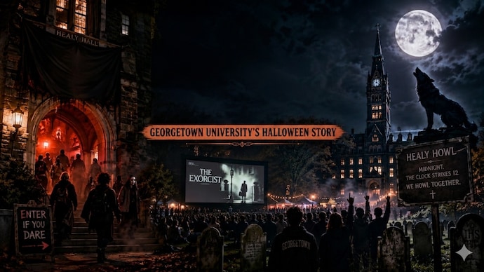 Haunted halls, midnight howls, and screenings of The Exorcist — Halloween at Georgetown University is unlike any other. (AI generated image) Inside Georgetown University’s Halloween tradition