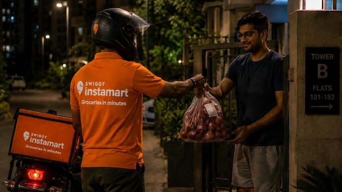 Instamart delivering groceries late at night. (Photo: Generative AI) Instamart delivering groceries late at night.