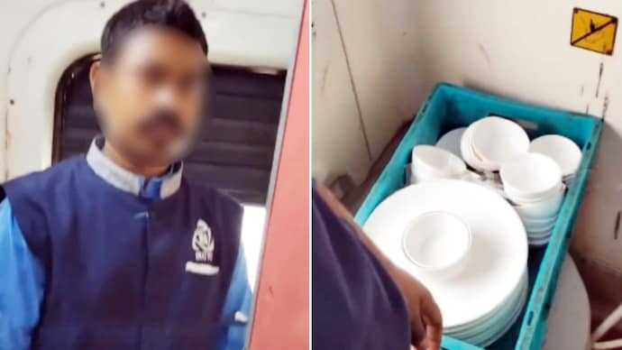 IRCTC staff caught washing utensils in Duronto Express toilet (Photos: Truth on Track/X) IRCTC staff caught washing utensils in Duronto Express toilet