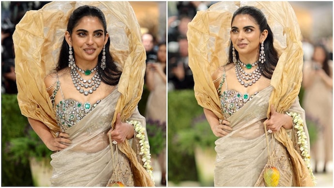 Isha Ambani stuns at Met Gala 2026 in a saree by Gaurav Gupta. (Photos: AFP) Isha Ambani