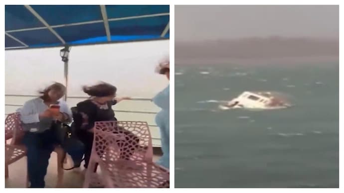 Videos show people enjoying cruise ride (left) moments before the boat capsized (right) in Jabalpur. Jabalpur boat capsize