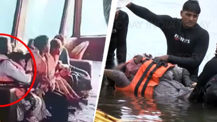 A video from inside the cruise boat shows the woman, wearing a life jacket, holding her child as passengers hurriedly passed around life jackets while water entered the vessel in Madhya Pradesh's Jabalpur.