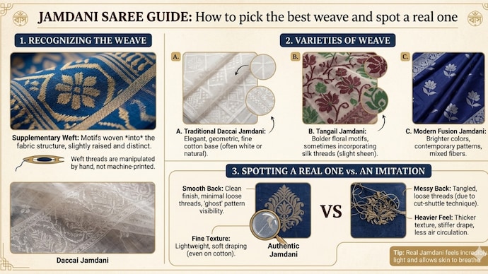 Jamdani sarees are prized handwoven textiles from Bengal known for delicate motifs and fine craftsmanship. Here’s how to identify authentic pieces and choose the best Jamdani saree for yourself. (AI generated image) Jamdani sarees are prized handwoven textiles from Bengal known for delicate motifs and fine craftsmanship. Here’s how to identify authentic pieces and choose the best Jamdani saree for yourself. (AI generated image)