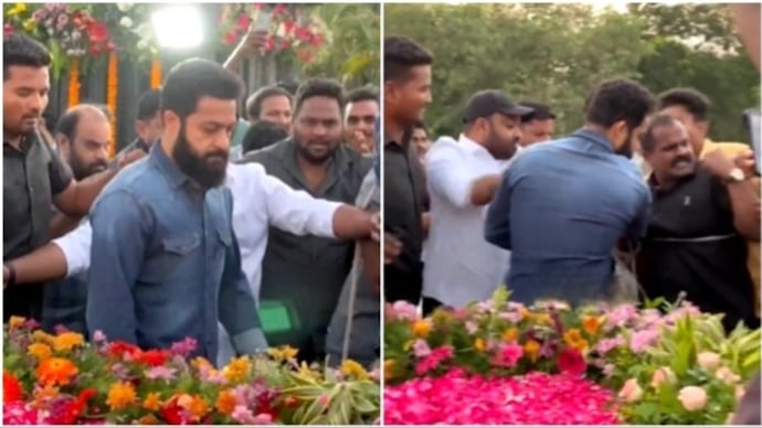 Jr NTR visited NTR Ghat to pay tribute to his grandfather, N T Rama Rao, on his 103rd birth anniversary. Jr NTR