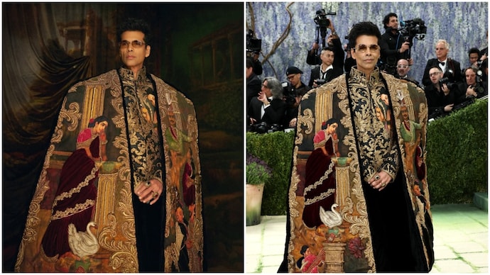 Inspired by Ravi Varma, KJO's Met debut is deeply personal. (Photo: (L) Instagram, (R) AFP) Karan Johar at Met Gala 2026