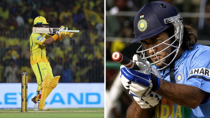 Kartik Sharma pulled out the gun celebration after hitting the winning runs vs MI. (Image: Reuters, Screengrab from X) Kartik Sharma, MS Dhoni