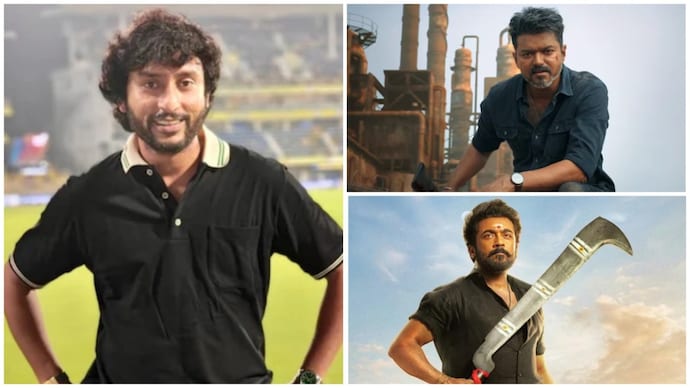 RJ Balaji (left); Vijay (top right) and Surya (bottom right). Karuppu was written as Vijay's last film before Suriya took over: RJ Balaji
