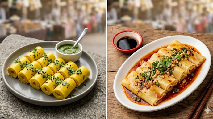 Khandvi and Laphing may look similar at first glance, but their ingredients, texture, spices and overall flavour are completely different, reflecting the food traditions of Gujarat and Tibet.