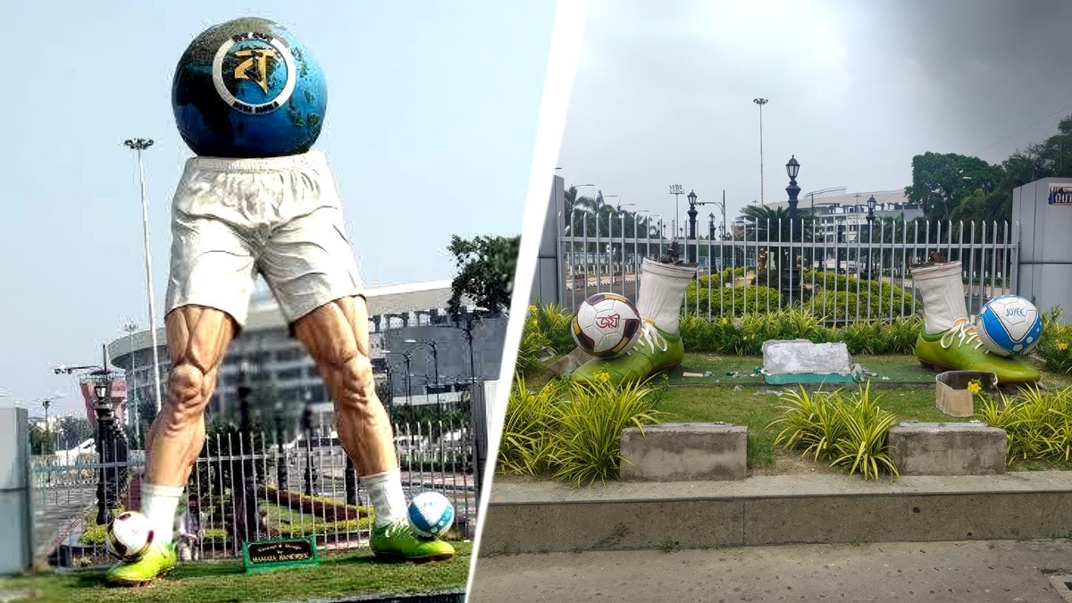 The football-themed sculpture near the Salt Lake stadium in Kolkata Kolkata