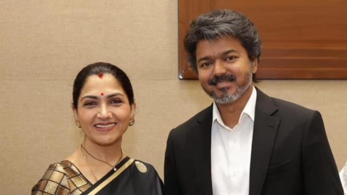 Actor-politician Khushbu Sundar with Tamil Nadu CM Vijay. (Photo: X)