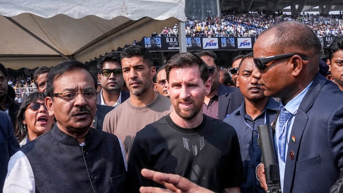 Aroop Biswas (L) with Lionel Messi (R) at the Kolkata event (PTI Photo) Lionel Messi