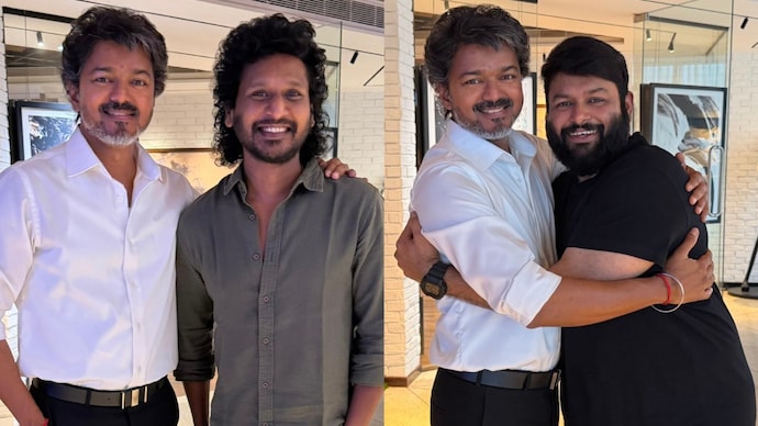 Director Lokesh Kanagaraj and composer Thaman met Chief Minister Vijay after TVK's electoral win. Lokesh Kanagaraj, Thaman and Vijay.