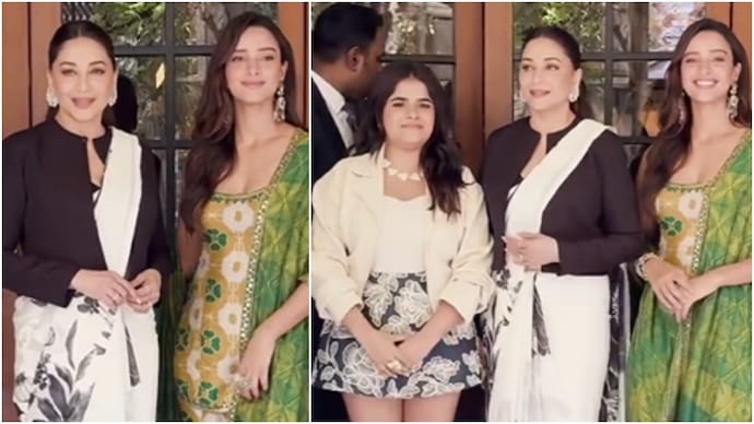 Madhuri Dixit (left), Trupti Dimri (centre) criticized for not taking a stand for Dharna Durga (right) during the photo call. Madhuri Dixit, Tripti Dimri