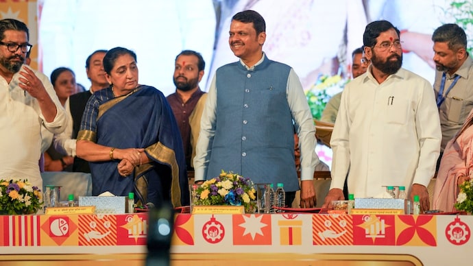 Maharashtra Chief Minister Devendra Fadnavis with Deputy Chief Ministers Eknath Shinde and Sunetra Pawar during the inauguration of Mumbai-Pune Expressway 'Missing Link' project on May 1, 2026 (PTI photo) Mahayuti