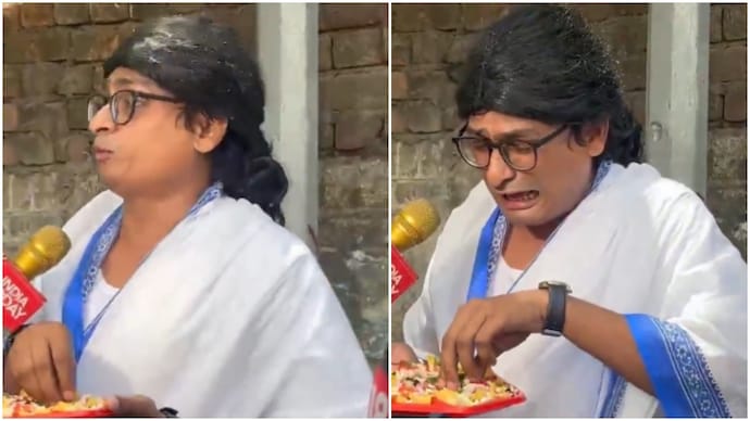 Influencer Ratan Ranjan arrived at the BJP HQ dressed as Mamata Banerjee. (Photo: X) Mamata in BJP HQ