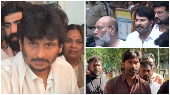 Jeeva (left), Mammootty (top right) and Dhanush (bottom right) pay their last respects to RB Chaudhary. Mammootty, Dhanush, Surya pay respect to RB Choudhary; Tears well up in son's eyes