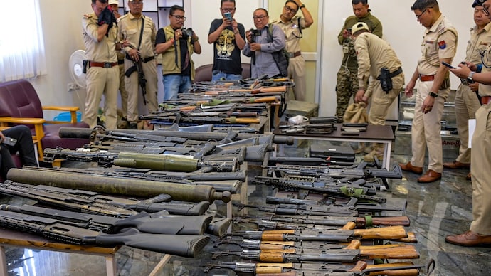 Arms and ammunition seized during a joint operation by Manipur Police, Assam Rifles and CRPF at an unauthorised UNLF (P) camp. (Photo: PTI) manipur arms haul myanmar northeast security risk drones