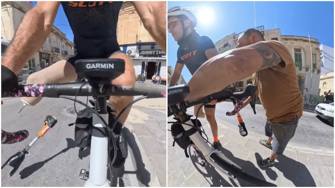 Man's prosthetic leg falls off while cycling, stranger’s next move wins hearts (Photos: @enzuuuuuu/Instagram) Man's prosthetic leg falls off while cycling, stranger’s next move wins hearts
